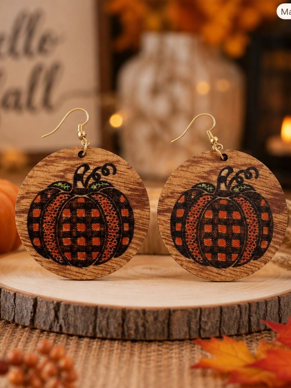 Wooden Pumpkin Dangle Earrings in Orange and Black
